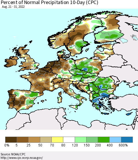 Europe Percent of Normal Precipitation 10-Day (CPC) Thematic Map For 8/21/2022 - 8/31/2022