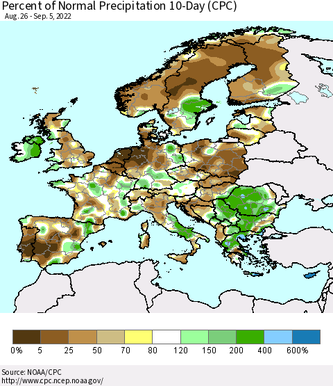 Europe Percent of Normal Precipitation 10-Day (CPC) Thematic Map For 8/26/2022 - 9/5/2022