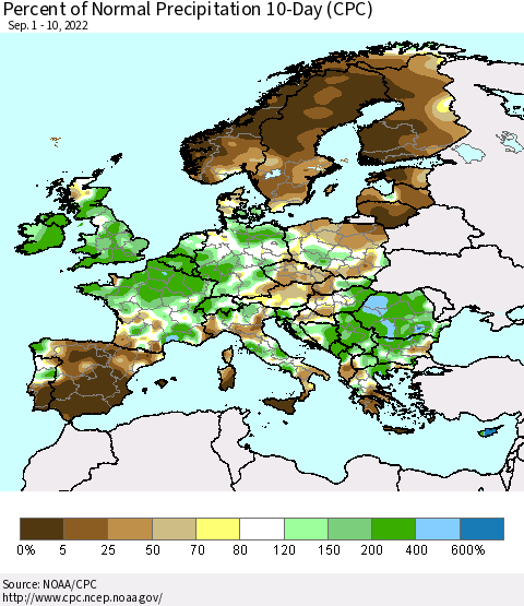 Europe Percent of Normal Precipitation 10-Day (CPC) Thematic Map For 9/1/2022 - 9/10/2022