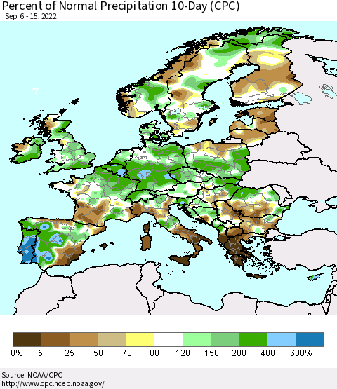 Europe Percent of Normal Precipitation 10-Day (CPC) Thematic Map For 9/6/2022 - 9/15/2022
