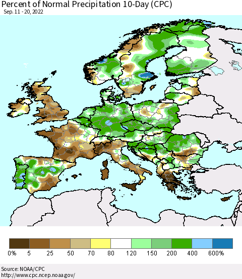 Europe Percent of Normal Precipitation 10-Day (CPC) Thematic Map For 9/11/2022 - 9/20/2022