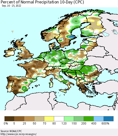 Europe Percent of Normal Precipitation 10-Day (CPC) Thematic Map For 9/16/2022 - 9/25/2022