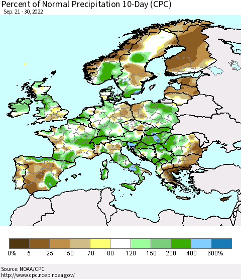 Europe Percent of Normal Precipitation 10-Day (CPC) Thematic Map For 9/21/2022 - 9/30/2022