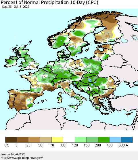 Europe Percent of Normal Precipitation 10-Day (CPC) Thematic Map For 9/26/2022 - 10/5/2022