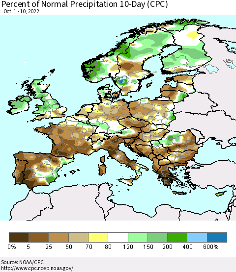 Europe Percent of Normal Precipitation 10-Day (CPC) Thematic Map For 10/1/2022 - 10/10/2022