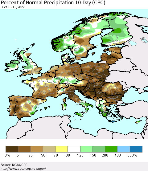 Europe Percent of Normal Precipitation 10-Day (CPC) Thematic Map For 10/6/2022 - 10/15/2022