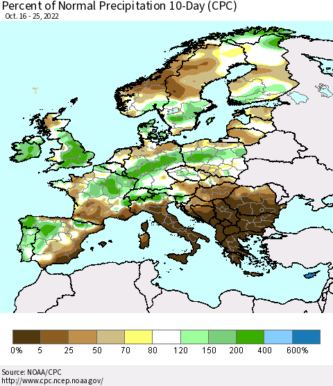 Europe Percent of Normal Precipitation 10-Day (CPC) Thematic Map For 10/16/2022 - 10/25/2022