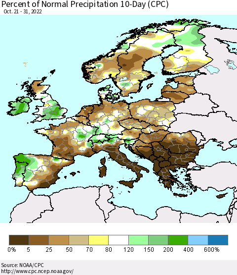 Europe Percent of Normal Precipitation 10-Day (CPC) Thematic Map For 10/21/2022 - 10/31/2022