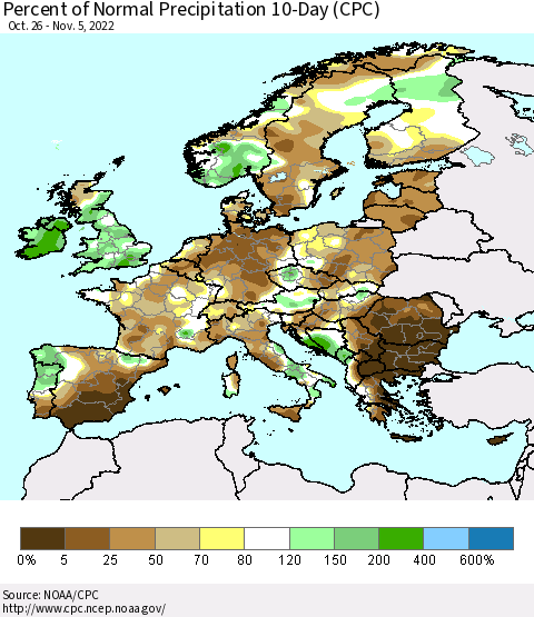 Europe Percent of Normal Precipitation 10-Day (CPC) Thematic Map For 10/26/2022 - 11/5/2022