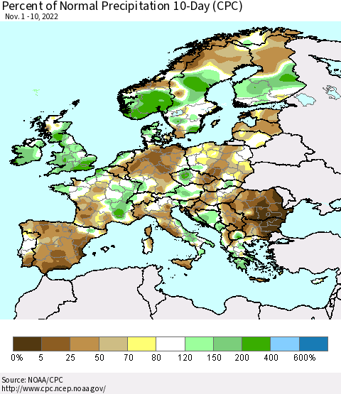 Europe Percent of Normal Precipitation 10-Day (CPC) Thematic Map For 11/1/2022 - 11/10/2022