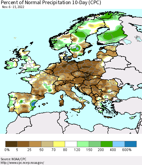 Europe Percent of Normal Precipitation 10-Day (CPC) Thematic Map For 11/6/2022 - 11/15/2022