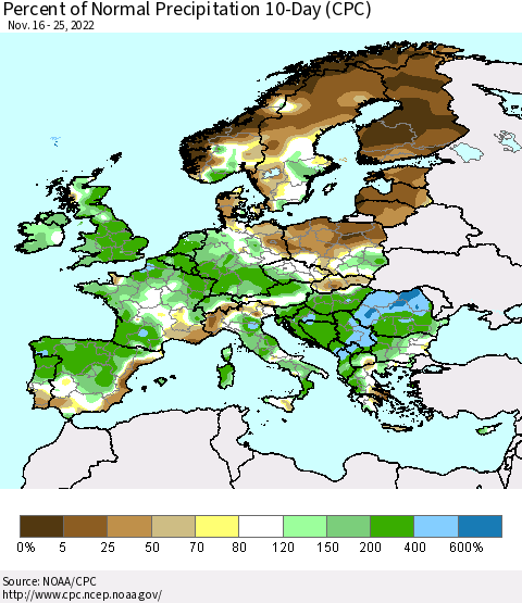 Europe Percent of Normal Precipitation 10-Day (CPC) Thematic Map For 11/16/2022 - 11/25/2022