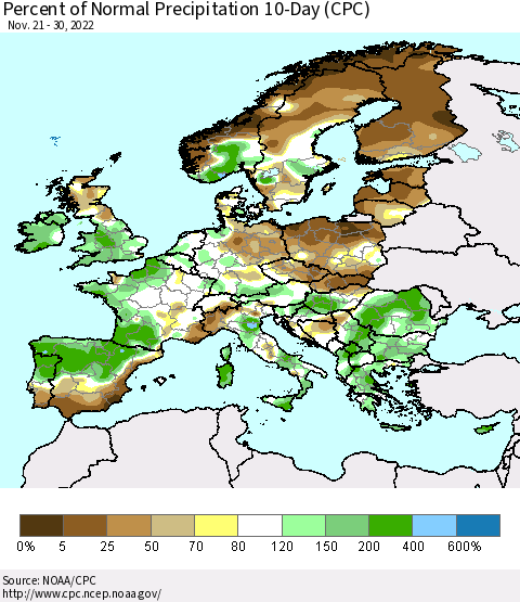 Europe Percent of Normal Precipitation 10-Day (CPC) Thematic Map For 11/21/2022 - 11/30/2022