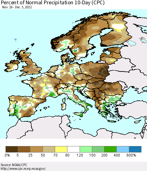 Europe Percent of Normal Precipitation 10-Day (CPC) Thematic Map For 11/26/2022 - 12/5/2022