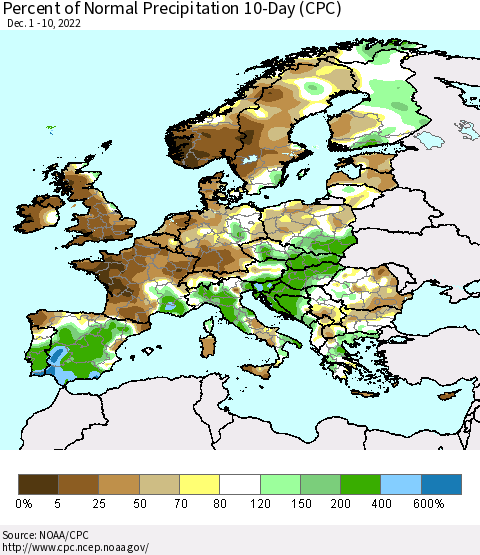 Europe Percent of Normal Precipitation 10-Day (CPC) Thematic Map For 12/1/2022 - 12/10/2022