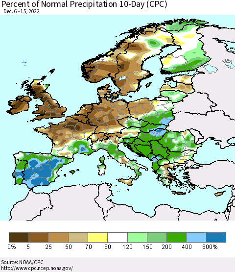 Europe Percent of Normal Precipitation 10-Day (CPC) Thematic Map For 12/6/2022 - 12/15/2022