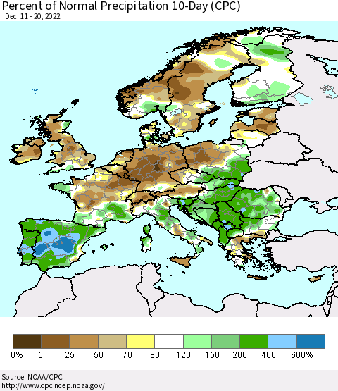 Europe Percent of Normal Precipitation 10-Day (CPC) Thematic Map For 12/11/2022 - 12/20/2022