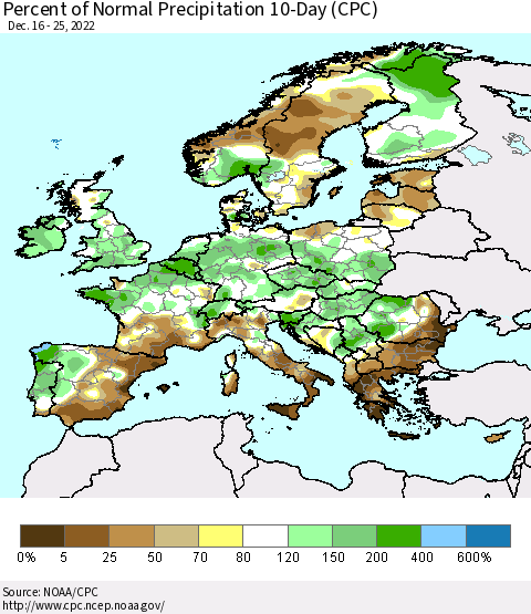 Europe Percent of Normal Precipitation 10-Day (CPC) Thematic Map For 12/16/2022 - 12/25/2022