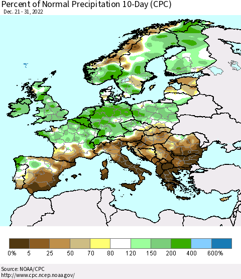 Europe Percent of Normal Precipitation 10-Day (CPC) Thematic Map For 12/21/2022 - 12/31/2022