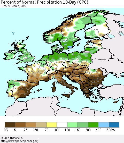 Europe Percent of Normal Precipitation 10-Day (CPC) Thematic Map For 12/26/2022 - 1/5/2023