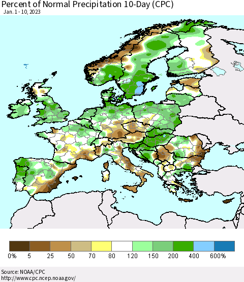 Europe Percent of Normal Precipitation 10-Day (CPC) Thematic Map For 1/1/2023 - 1/10/2023