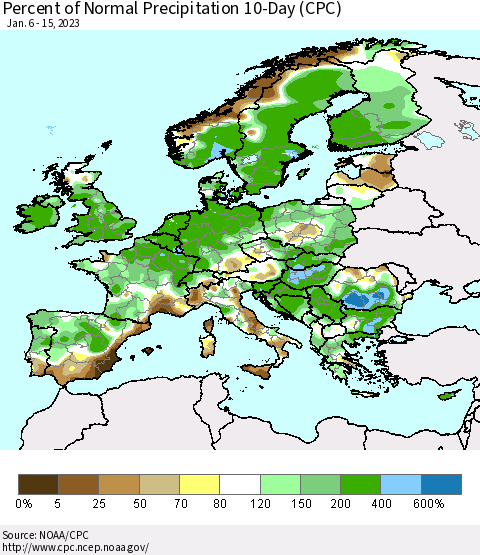 Europe Percent of Normal Precipitation 10-Day (CPC) Thematic Map For 1/6/2023 - 1/15/2023