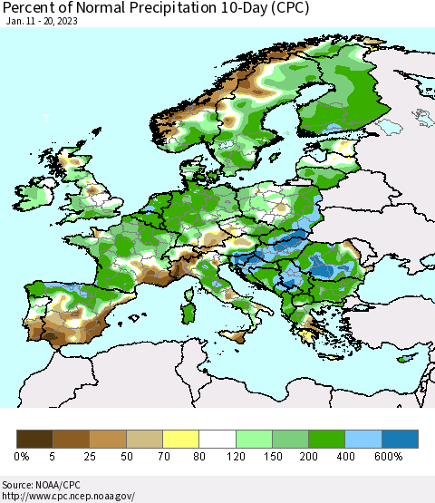 Europe Percent of Normal Precipitation 10-Day (CPC) Thematic Map For 1/11/2023 - 1/20/2023