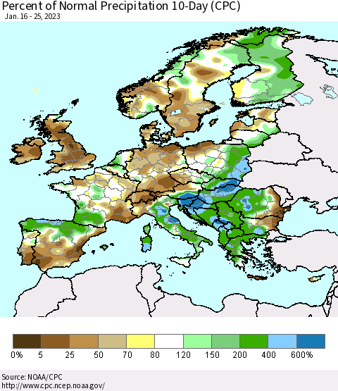 Europe Percent of Normal Precipitation 10-Day (CPC) Thematic Map For 1/16/2023 - 1/25/2023
