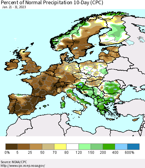 Europe Percent of Normal Precipitation 10-Day (CPC) Thematic Map For 1/21/2023 - 1/31/2023