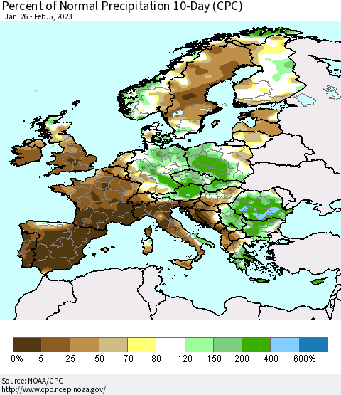 Europe Percent of Normal Precipitation 10-Day (CPC) Thematic Map For 1/26/2023 - 2/5/2023