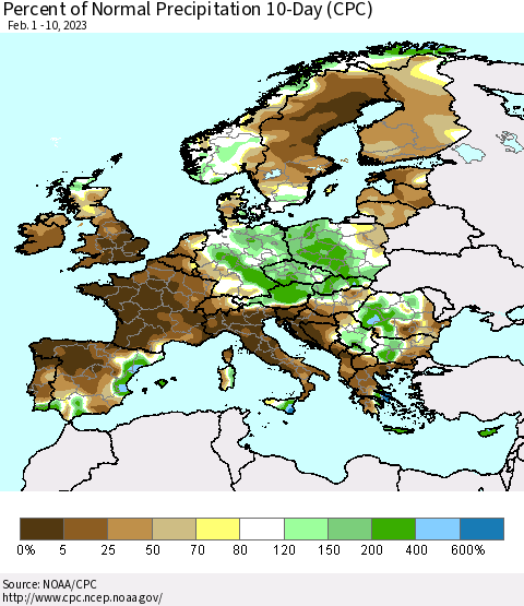 Europe Percent of Normal Precipitation 10-Day (CPC) Thematic Map For 2/1/2023 - 2/10/2023