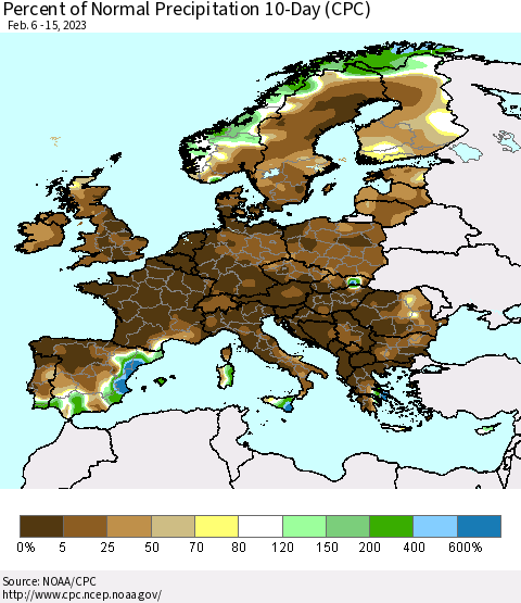 Europe Percent of Normal Precipitation 10-Day (CPC) Thematic Map For 2/6/2023 - 2/15/2023