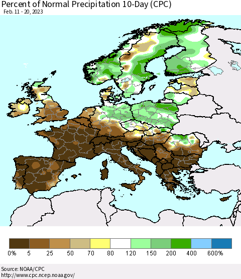Europe Percent of Normal Precipitation 10-Day (CPC) Thematic Map For 2/11/2023 - 2/20/2023