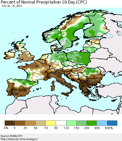 Europe Percent of Normal Precipitation 10-Day (CPC) Thematic Map For 2/16/2023 - 2/25/2023