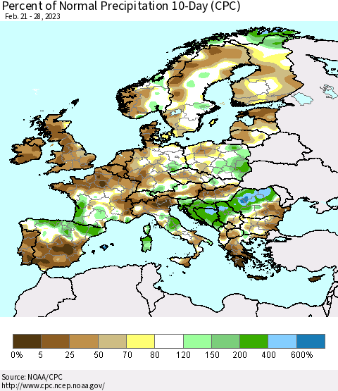Europe Percent of Normal Precipitation 10-Day (CPC) Thematic Map For 2/21/2023 - 2/28/2023
