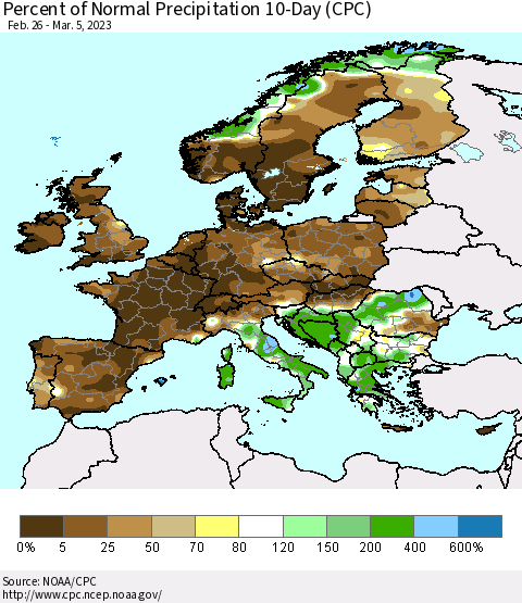 Europe Percent of Normal Precipitation 10-Day (CPC) Thematic Map For 2/26/2023 - 3/5/2023