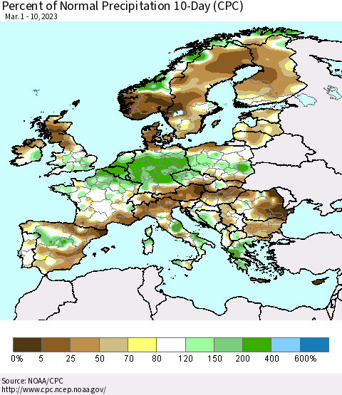 Europe Percent of Normal Precipitation 10-Day (CPC) Thematic Map For 3/1/2023 - 3/10/2023