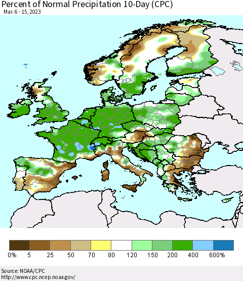 Europe Percent of Normal Precipitation 10-Day (CPC) Thematic Map For 3/6/2023 - 3/15/2023