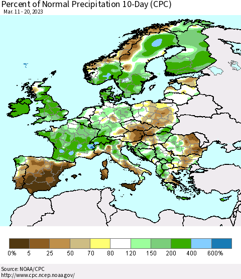 Europe Percent of Normal Precipitation 10-Day (CPC) Thematic Map For 3/11/2023 - 3/20/2023