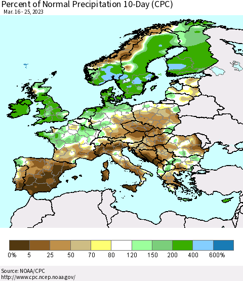 Europe Percent of Normal Precipitation 10-Day (CPC) Thematic Map For 3/16/2023 - 3/25/2023