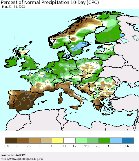 Europe Percent of Normal Precipitation 10-Day (CPC) Thematic Map For 3/21/2023 - 3/31/2023