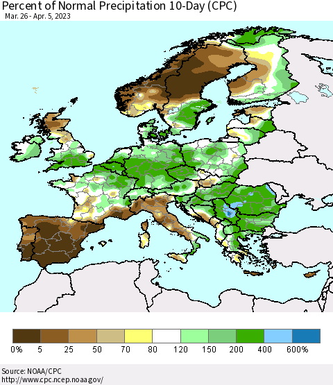 Europe Percent of Normal Precipitation 10-Day (CPC) Thematic Map For 3/26/2023 - 4/5/2023