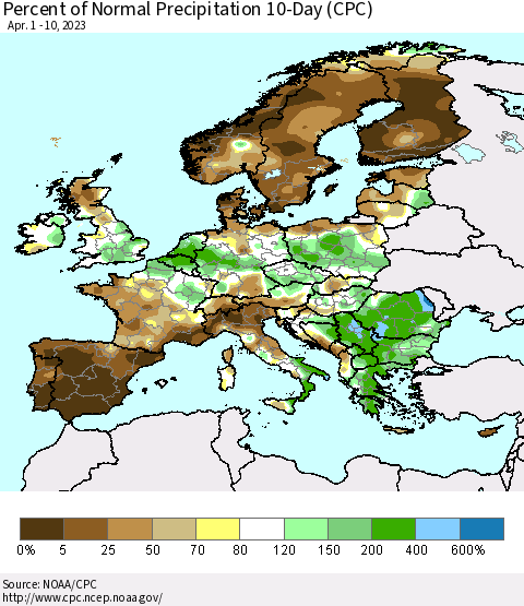 Europe Percent of Normal Precipitation 10-Day (CPC) Thematic Map For 4/1/2023 - 4/10/2023
