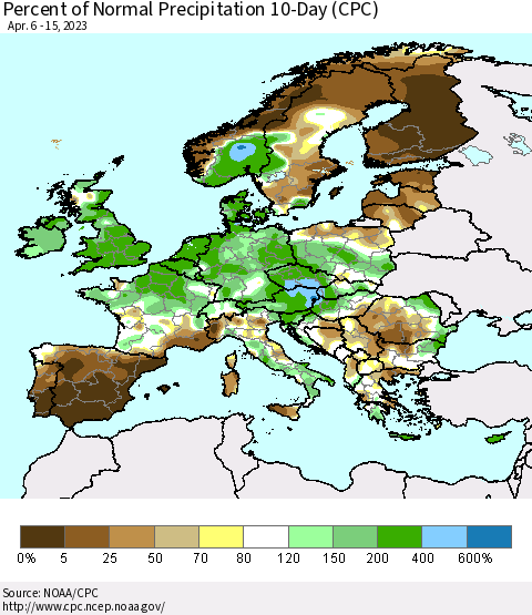 Europe Percent of Normal Precipitation 10-Day (CPC) Thematic Map For 4/6/2023 - 4/15/2023