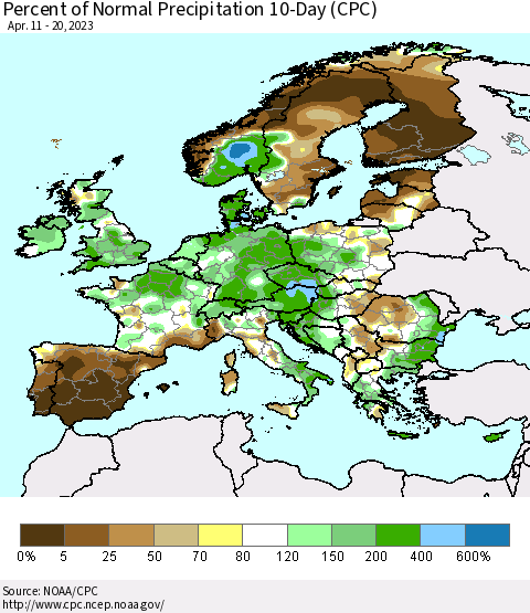 Europe Percent of Normal Precipitation 10-Day (CPC) Thematic Map For 4/11/2023 - 4/20/2023