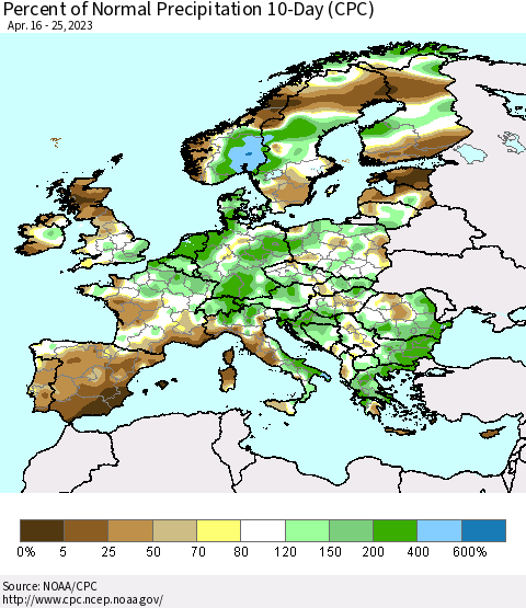 Europe Percent of Normal Precipitation 10-Day (CPC) Thematic Map For 4/16/2023 - 4/25/2023