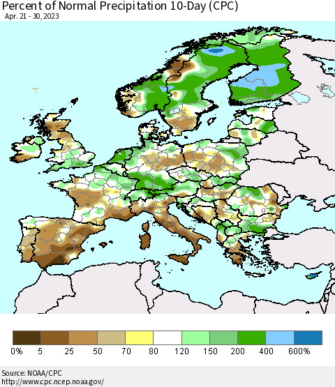 Europe Percent of Normal Precipitation 10-Day (CPC) Thematic Map For 4/21/2023 - 4/30/2023