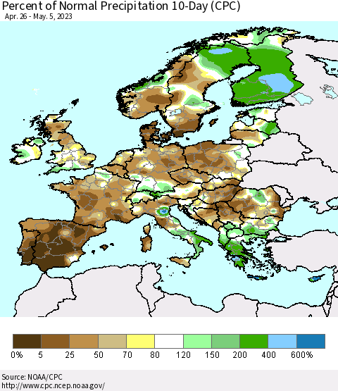 Europe Percent of Normal Precipitation 10-Day (CPC) Thematic Map For 4/26/2023 - 5/5/2023
