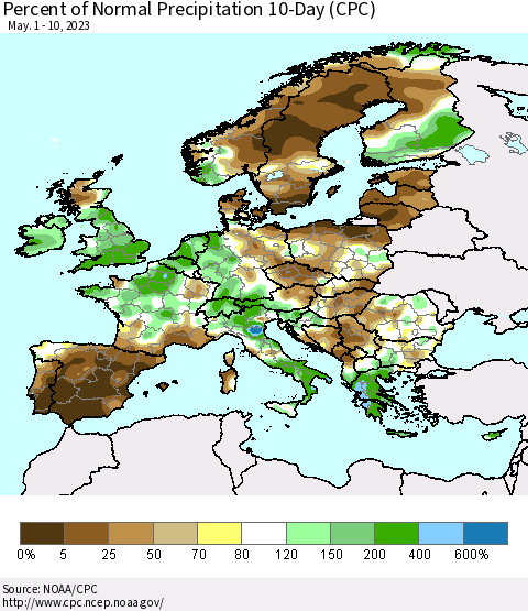 Europe Percent of Normal Precipitation 10-Day (CPC) Thematic Map For 5/1/2023 - 5/10/2023