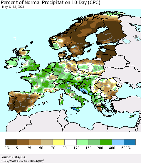 Europe Percent of Normal Precipitation 10-Day (CPC) Thematic Map For 5/6/2023 - 5/15/2023